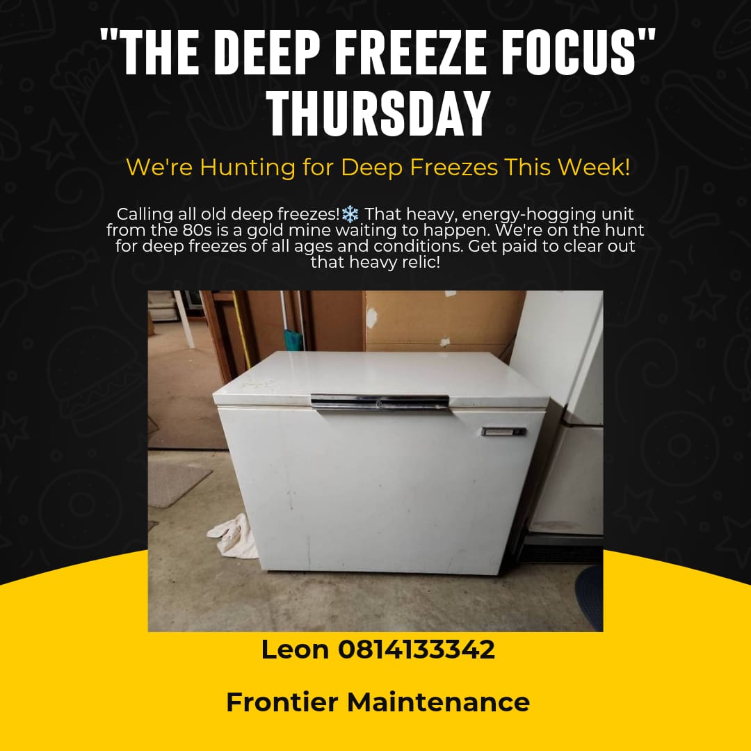 Suzettefire's tweet image. "The Deep Freeze Focus" Thursday

We're Hunting for Deep Freezes This Week!
Have an old deep freeze? Get a top-dollar offer! Text a photo to Leon 👉 wa.me/+27814133342📸

#FrontierMaintenance #DeepFreeze #DeepFreezer #OldAppliances #Vintage #WhiteRiver #CashOffer #HeavyDuty