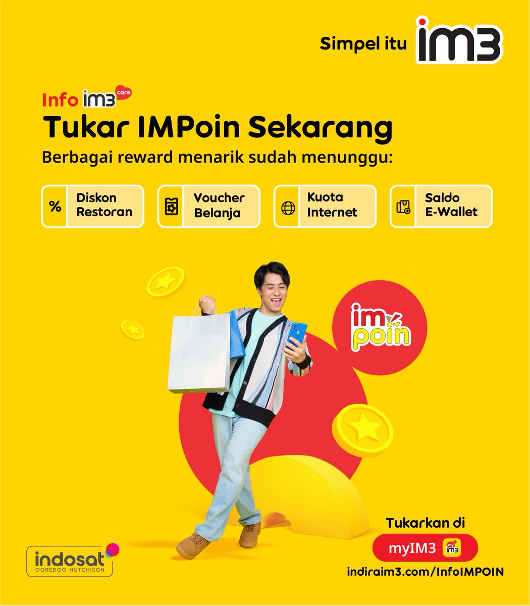 CareIM3's tweet photo. Kumpulin poinnya, tukar hadiahnya 🎁​
Setiap transaksi kamu di IM3 bisa dapet IMPOIN loh.​

Yuk cek poin #SahabatBaikku sekarang dan tukarkan dengan hadiah menarik di aplikasi myIM3.
Cek info selengkapnya di https://t.co/7uflvEFUHn 💛 https://t.co/DoWxfz3zPr