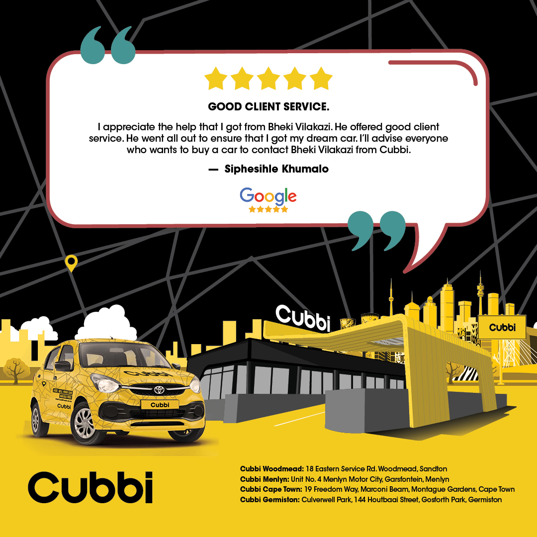 Nothing beats hearing it straight from happy customers. 🙌​

From Cape Town to Pretoria, Cubbi makes selling your car seamless and stress-free.​
​
Pop in at your nearest Cubbi location or visit our website for more info: cubbicars.co.za ​
​
#Cubbi #CubbiCars #Testimonials