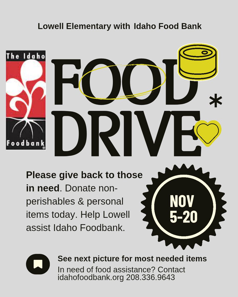 PtsaLowell's tweet photo. It will be easier to give back this season with Lowell being a drop off site Nov 5-20.

See the most needed items on the image. Lowell hosts this every year, but this is the year to check your pantries or grab some extra needs when shopping, if able.

Thank you for your support. https://t.co/NLEfbalPpI