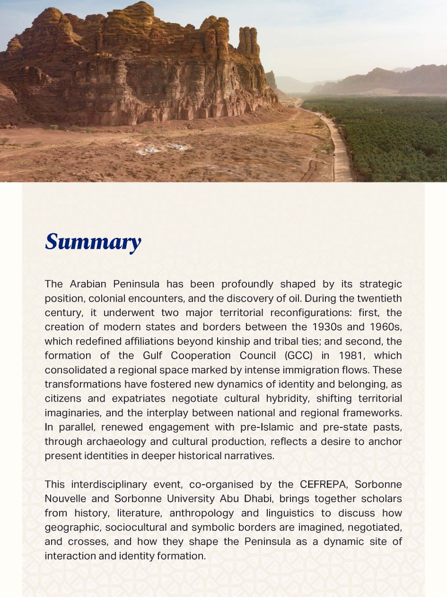 CEFREPA's tweet photo. Don’t miss out our Research Symposium event «Crossing the Borders of the Arabian Peninsula» co-organised by CEFREPA, Sorbonne Nouvelle &amp; SUAD.
November 6 &amp; 7, 2025
Sorbonne University,Abu Dhabi- Richelieu Amphitheatre
For more info,please visit our web https://t.co/by2ygoRtQj https://t.co/Ta9uT83Rsx
