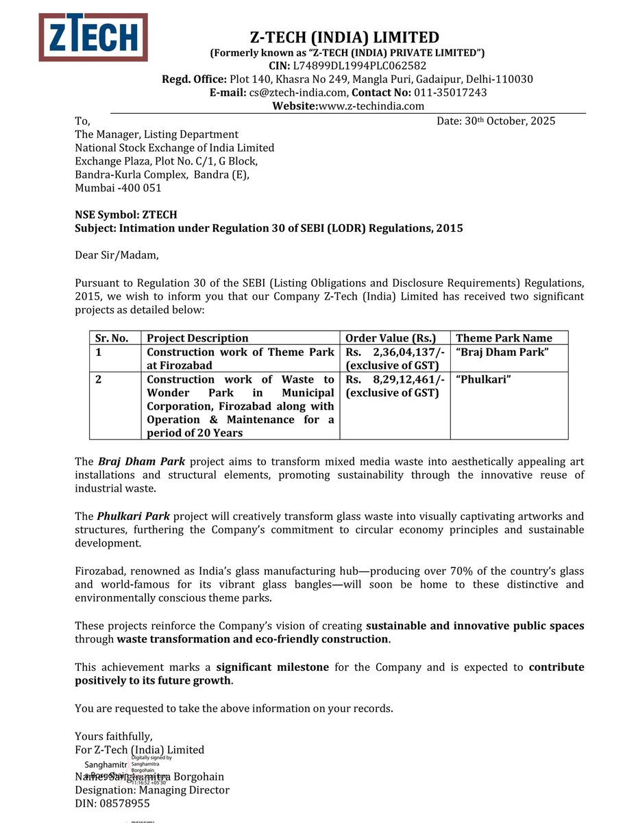 alphaaInvestor's tweet image. Z-Tech India update

✅Bags 2 major projects worth ₹10.65 Cr+ at Firozabad

🔹Braj Dham Park– transforming mixed media waste into art &amp;amp; sustainability🌿
🔹Phulkari Park– turning glass waste into vibrant attractions♻️

✨Innovating the future of eco-friendly construction
 #ZTECH