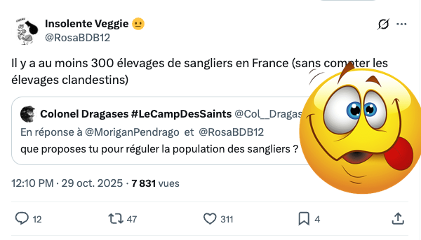 Sous vos yeux ébahis, la soluce de Marie-Clitorine #vegan aux 2 millions de sangliers en pleine nature☝️

Interdire les élevages destinés aux  enclos de #chasse fermés qui en détiennent moins de 40 000 🥳

On ne s'en lasse pas 🤡
#Antispécisme #VersLinfiniEtAuDelà 
#chassepartage