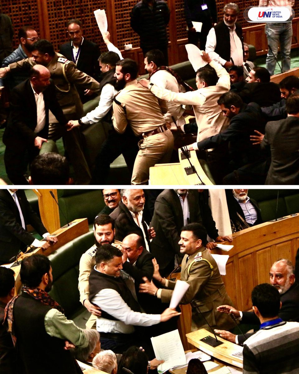 uniindianews's tweet photo. In Photos | Amid uproar in the House, BJP legislators were marshalled out after they jumped into the Well of the House during the ongoing Autumn Session.

📸: Shah Junaid / UNI 

#JammuAndKashmir | #AutumnSession #JammuAndKashmirLegislativeAssembly https://t.co/6YMtZEmqEs