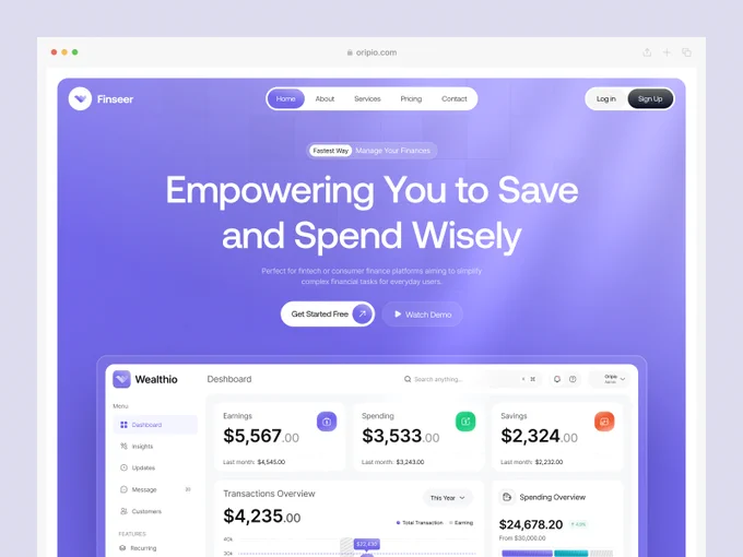 핀테크 SaaS 랜딩 — 보라 그라데이션 히어로와 대시보드 프리뷰