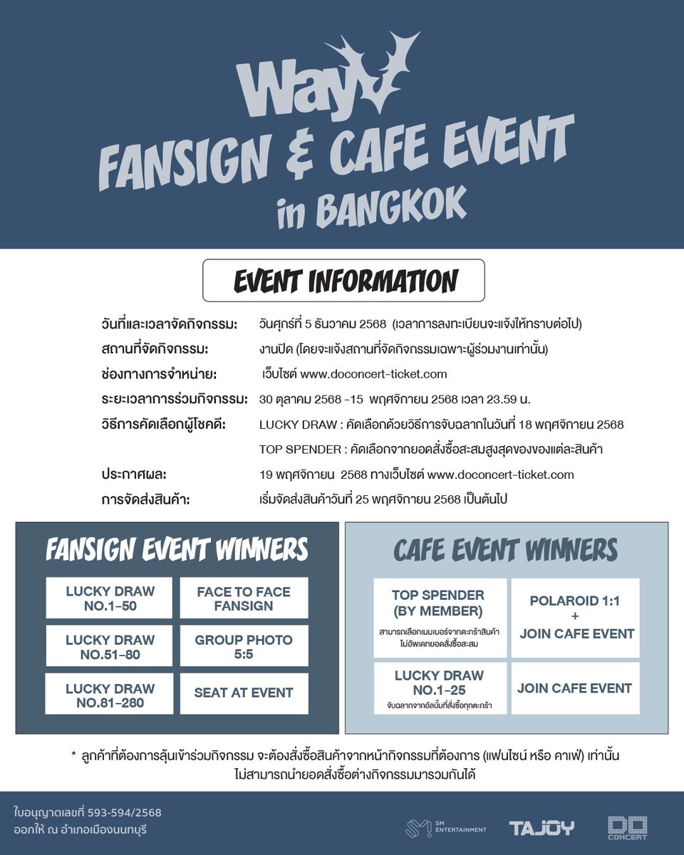 doconcert's tweet photo. พบกับกิจกรรมสุดพิเศษกับศิลปินคนพิเศษ 𝐖𝐚𝐲𝐕 𝐅𝐚𝐧𝐬𝐢𝐠𝐧 & 𝐂𝐚𝐟𝐞 𝐄𝐯𝐞𝐧𝐭 𝐢𝐧 𝐁𝐚𝐧𝐠𝐤𝐨𝐤

ร่วมเป็นผู้โชคดีเข้าร่วมกิจกรรม FANSIGN EVENT และ CAFE EVENT ระหว่างวันที่ 30 ตุลาคม 2568 เวลา 12:00 น. - 15 พฤศจิกายน 2568 เวลา 23:59 น.

ประกาศผล
วันที่ 19  พฤศจิกายน 2568  ที่หน้าเว็บไซต์กิจกรรม

วันจัดกิจกรรม
วันที่ 5 ธันวาคม 2568  เวลาการลงทะเบียนจะแจ้งให้ทราบอีกครั้ง  (กิจกรรมเป็นงานปิด โดยจะแจ้งสถานที่จัดกิจกรรมเฉพาะผู้เข้าร่วมงานเท่านั้น)

รายละเอียดเพิ่มเติมที่
[FANSIGN EVENT]
https://t.co/EIHcc6daQ6
[CAFE EVENT]
https://t.co/wzMIETaa9y

ใบอนุญาตเลขที่ 593-594/2568 ออกให้ ณ อำเภอเมืองนนทบุรี

#WayV_FANSIGN_CAFE_BKK
#WayV #威神V #BIGBANDS
#WayV_BIGBANDS