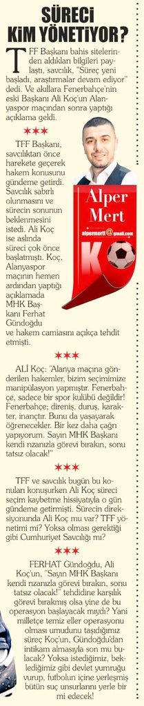 TFF Başkanı inşallah savcı ile ortak bir çalışma yürütüp hareket ediyordur. Bu süreç kişilerin ego tatmini ile son bulmamalı. Kara kutu açılmıştır varsa futbolun içine çöreklenmiş olan bahis hatta transfer çetelerinin organize yapıları tespit edilip kökü kazınmalıdır