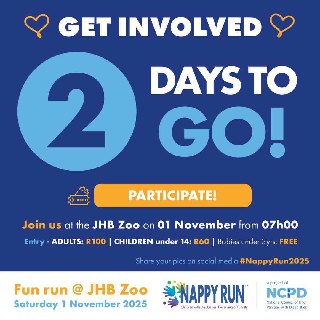 🔵 48 HOURS! 🔵
2.1M SA children with disabilities need YOUR support!
70% are out of school. 1 in 3 women face incontinence. Nappies = DIGNITY.
📅 Nov 1, 6:30am 📍 @JoburgZoo 

<a href="/TherinaWentzel/">Therina Wentzel-du Toit</a> <a href="/WC_APD/">Western Cape APD</a> <a href="/Clicks_SA/">Clicks</a> <a href="/Dischem/">Dis-Chem</a> 
<a href="/THISABILITYNews/">THISABILITY NEWS</a> 

 🎟️ quicket.co.za/events/319414-…