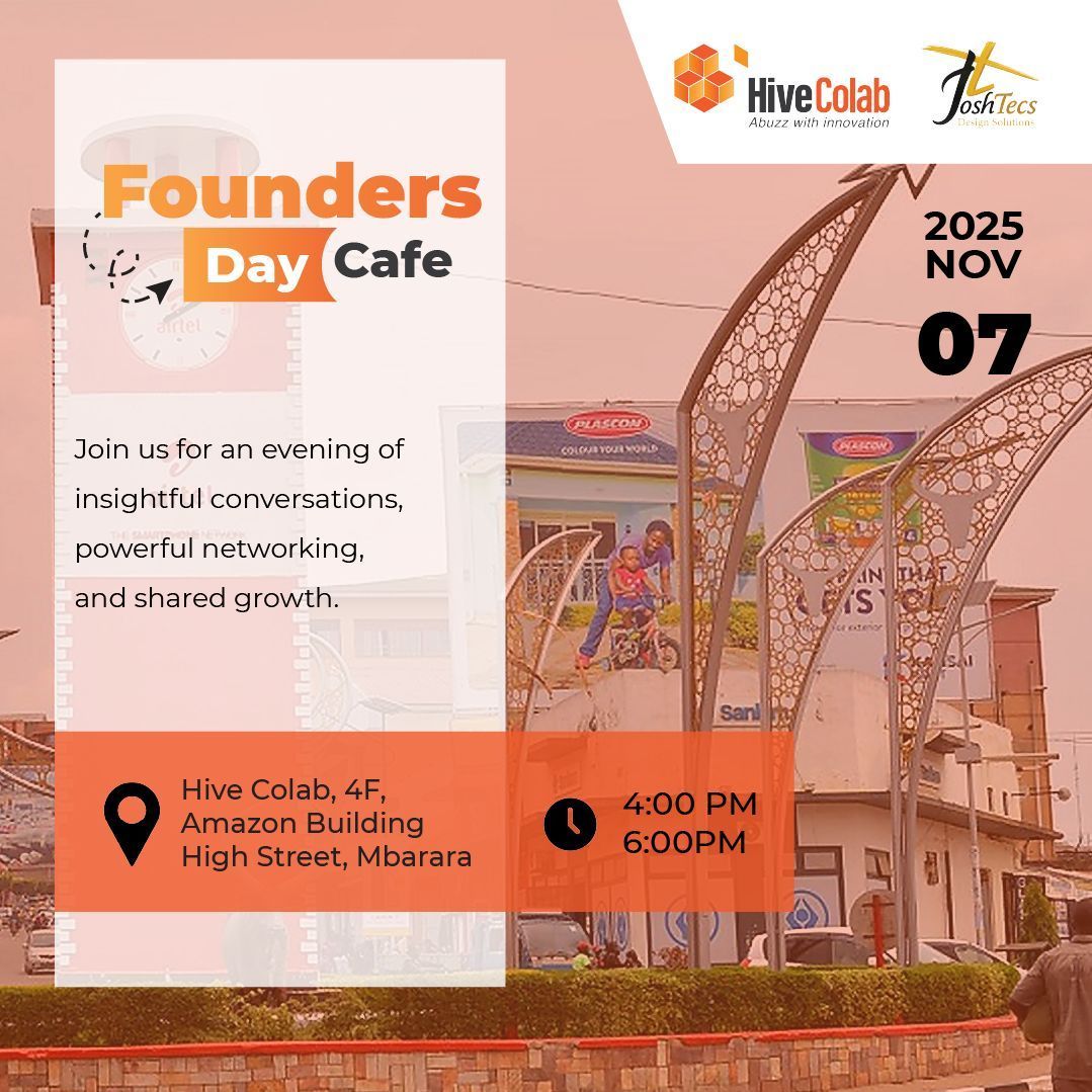 joshtecs_'s tweet image. Join us for the November Founders Day Cafe on Thursday, 7th November at Hive Colab, Mbarara! Network with founders and innovators through engaging talks. Venue: Hive Colab, Mbarara. Date: Fri, 7th Nov. Time: 4:00 PM - 6:00 PM. Register now: forms.gle/uhxdQYM7yUr2hP…