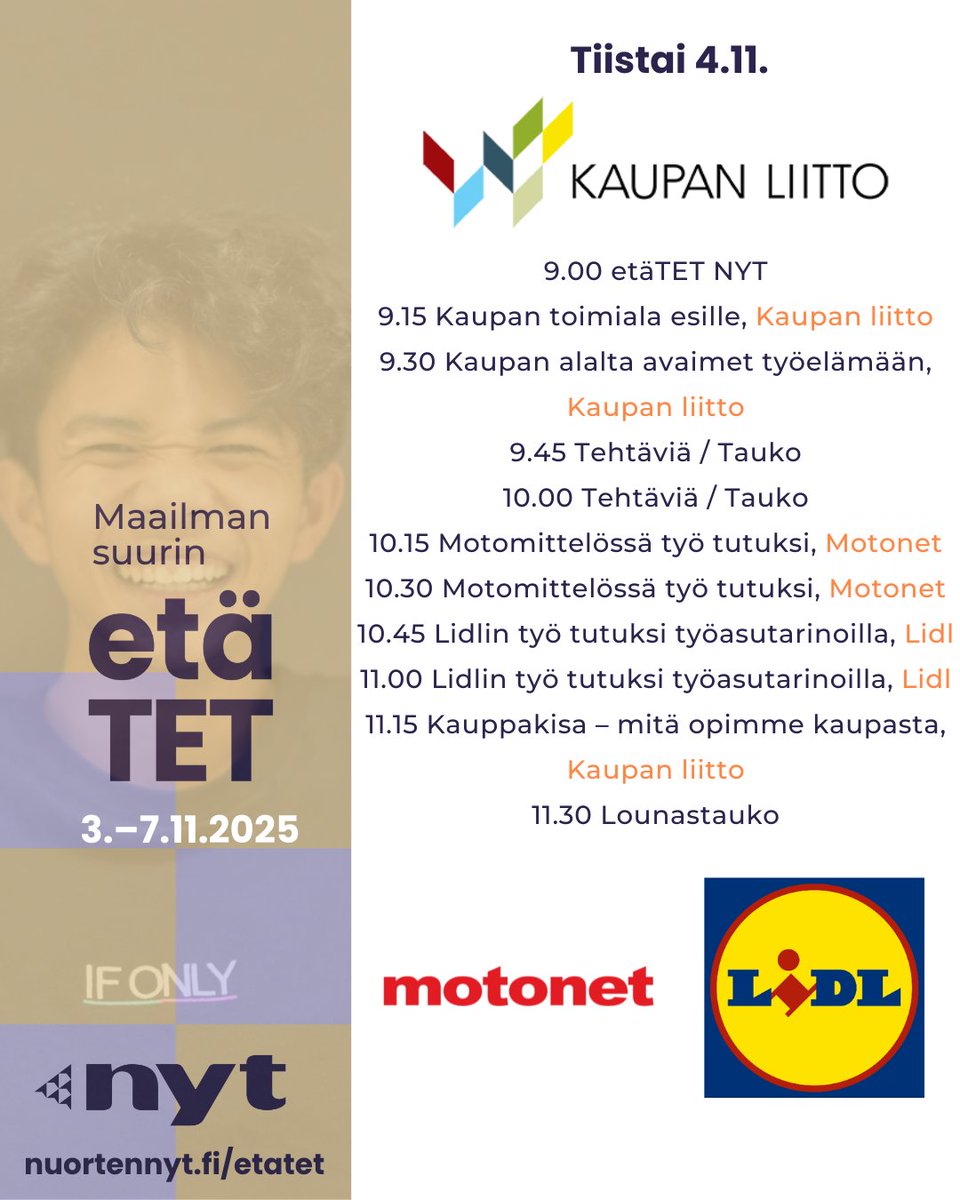 Nuorten usko työelämään vahvistunut – tuhansia nuoria osallistuu Maailman suurimpaan etäTETiin marraskuussa. 

Olemme jälleen mukana jäsenyritystemme <a href="/LidlSuomi/">Lidl Suomi</a> ja <a href="/MotonetFI/">Motonet Oy</a> kanssa!
⬇️
sttinfo.fi/tiedote/715658…