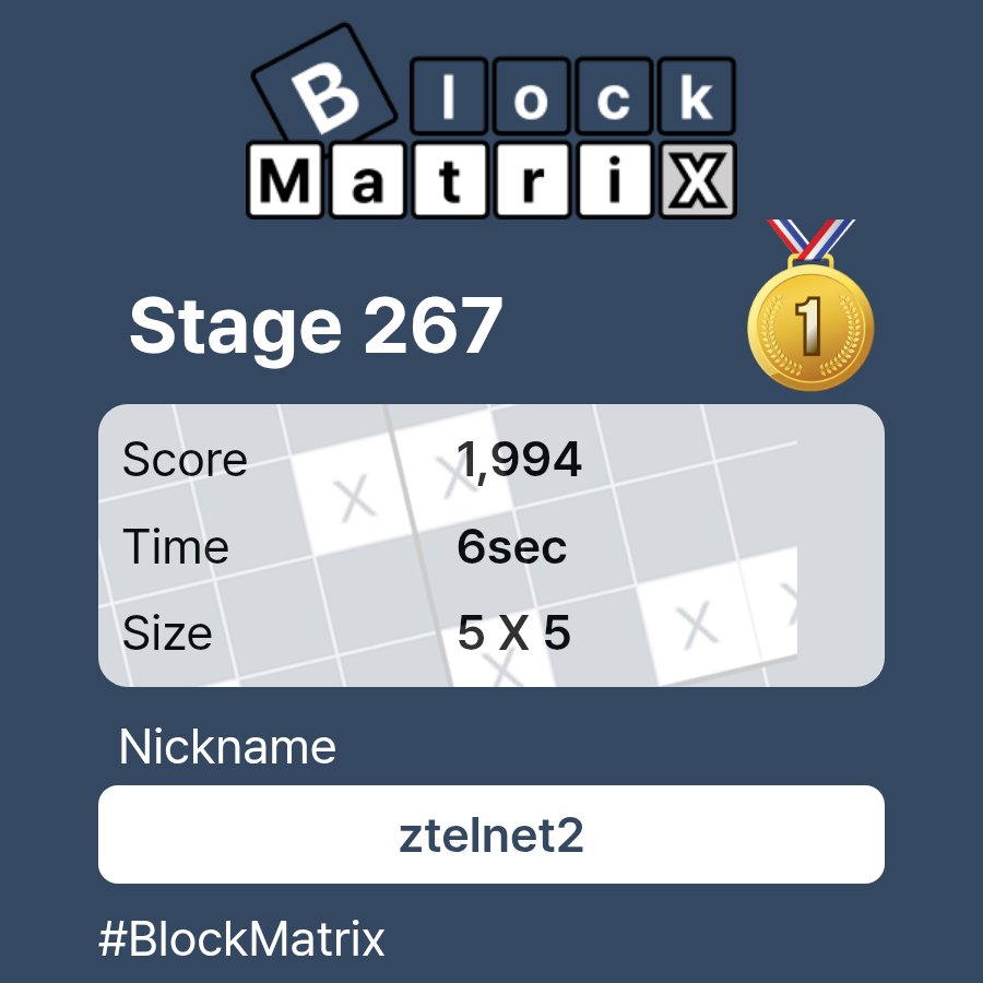 ztelnet2's tweet photo. BlockMatrix - New Brain Puzzle Game
Stage 267
Rank 1st (6sec)
#blockmatrix #puzzlegame https://t.co/VcsNHnoMLl