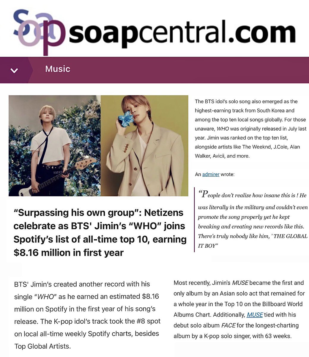 JiminGlobal's tweet image. American entertainment outlet Soap Central highlighted Jimin’s recent impressive success with "Who" which reportedly earned $8.16M on Spotify in its first year, ranking it among the platform’s highest-earning songs.
They also reported his record-breaking performance on the…