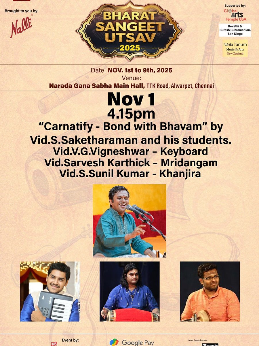 saketharaman_s's tweet photo. “Carnatify - Bond with Bhavam” will be a unique experience
There have been raving reviews about it in @the_hindu, @timesofindia & @ThenewindianE
This Saturday, Nov 1 @NaradaGanaSabha@4:15 PM
#bharatsangeetutsav #carnatica #sriparthasarathiswamisabha #saketharaman #carnatify https://t.co/xCP9x2VoEu