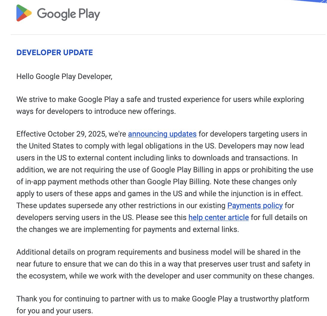 sambulosenda's tweet image. Google is in the game as well and allows accepting payments outside the app for US users. Yet, in my opinion, I don&apos;t believe in enabling payments outside the App/Play Store ecosystems. It just complicates things for both companies and end users, and especially end users do not…