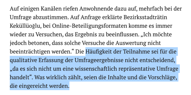 Wenn jeder Fahrradaktivist bei der Online-Befragung 10 Vorschläge abgibt, werden alle inhaltlich berücksichtigt, aber dies sei für die Erfassung der Umfrageergebnisse "nicht entscheidend" und daher auch kein Problem, meint die Grüne Stadträtin von Lichtenberg.