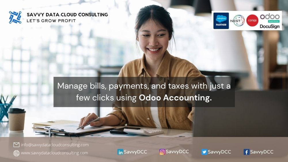 SavvyDCC's tweet image. Manage bills, payments, and taxes with just a few clicks using Odoo Accounting.
#SavvyDataCloudConsulting #Odoo #OdooExperts #OdooPartner #OdooAccounting #FinancialManagement #ERPSystem #BusinessSolutions #FinancialServices #OdooERP