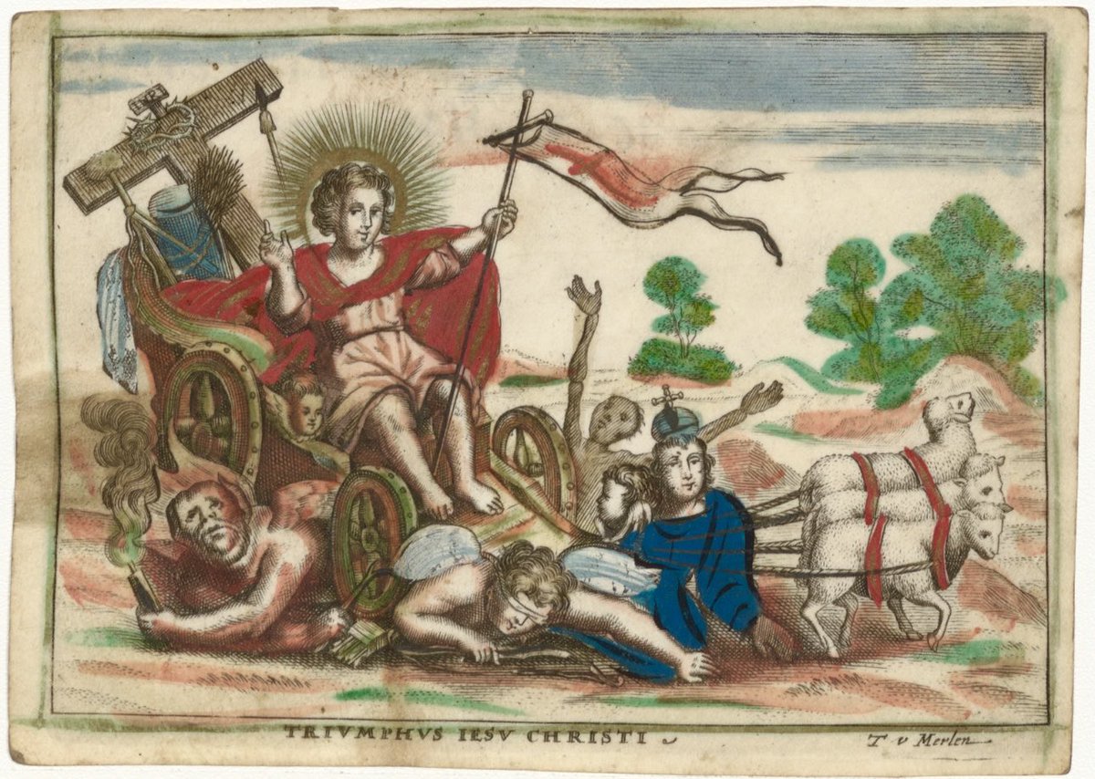 Allegorie op de #verkiezingen2025 😉
<a href="/RobJetten/">Rob Jetten</a> 👏👏👏 
De overwinning en triomf van Christus over het kwaad in de wereld 🌟
Ingekleurde gravure op perkament van Theodoor van Merlen, ca. 1700 🤩
#devotieprenten <a href="/catharijne/">Catharijneconvent</a>
