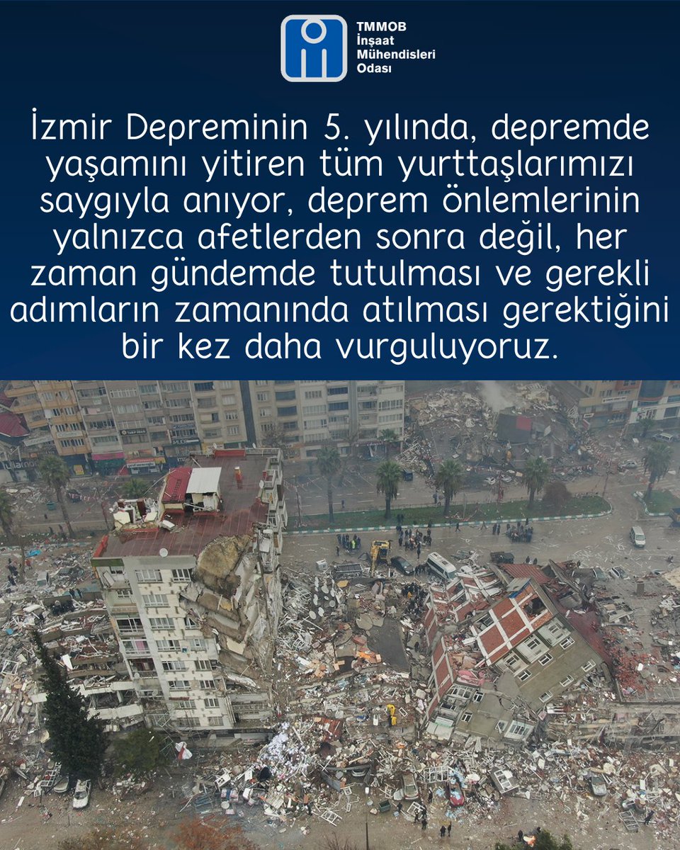 ⬛️İzmir Depreminin 5. yılında, depremde yaşamını yitiren tüm yurttaşlarımızı saygıyla anıyor, deprem önlemlerinin yalnızca afetlerden sonra değil, her zaman gündemde tutulması ve gerekli adımların zamanında atılması gerektiğini bir kez daha vurguluyoruz.
#izmirdepremi