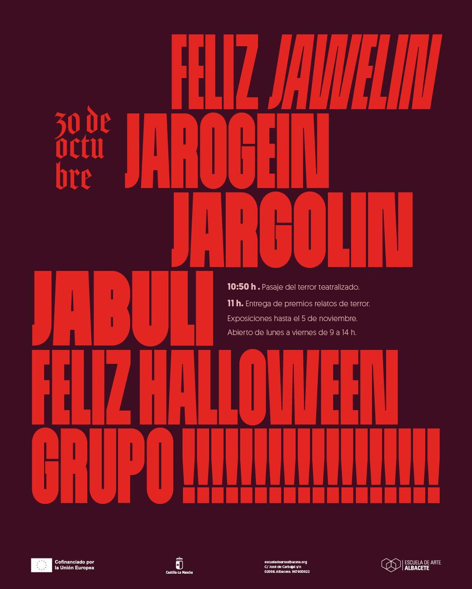#FelizHalloween 
Entrega de premios relatos de terror, representación de Escénicas y una docena de exposiciones!! 
Ven y verás!
#albacete 
#escueladearte 
#Halloween2025