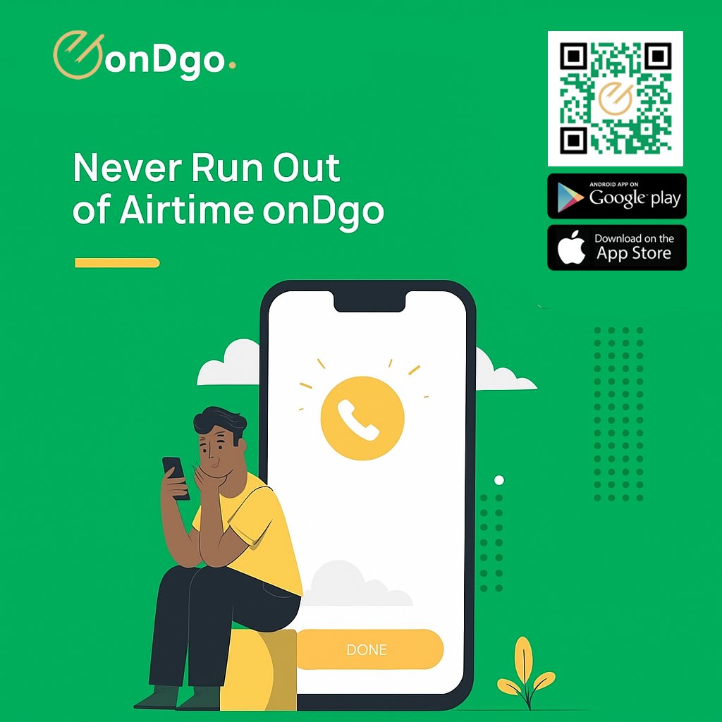 ondgo_ng's tweet image. Stay connected with instant airtime and data recharge for all networks -anytime, anywhere!

With onDgo, you can top up in seconds and keep your conversations, business, and entertainment going without interruption.

#onDgo #EnjoyConvinienceonDgo #RechargeonDgo #StayConnected