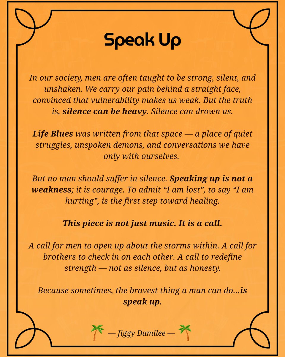 Jiggy_damilee's tweet photo. We were raised to believe silence makes us strong.
But silence can be heavy…
LIFE BLUES is my cry, my truth, a call for men to speak up, not hide.
Drops this Friday, Oct 31st. https://t.co/NqtFaKnzKA