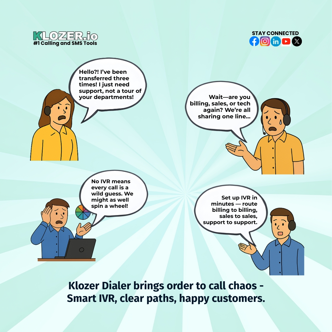 Klozer_io's tweet image. When there’s no 𝐈𝐕𝐑, every call’s a wild guess 
Customers get lost, agents get stressed.

Set up Smart 𝐈𝐕𝐑 in minutes with𝐊𝐥𝐨𝐳𝐞𝐫 𝐃𝐢𝐚𝐥𝐞𝐫 - route calls right, every time. Visit us: klozer.io

#KlozerDialer #IVR #CallCenterSolutions #BPO #CX