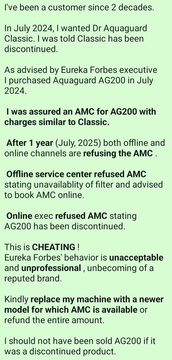 calm_researchh's tweet photo. @EurekaForbes @Eureka_ForbesIN @pratikpota @jagograhakjago @consaff People calling from @EurekaForbes agree that I have been CHEATED at the time of sale and my machine must be replaced but they are helpless as it is conflicting with the policy. 
Request someone with authority to look into the matter and replace the machine ASAP or refund. https://t.co/AdlqmqI6Mm