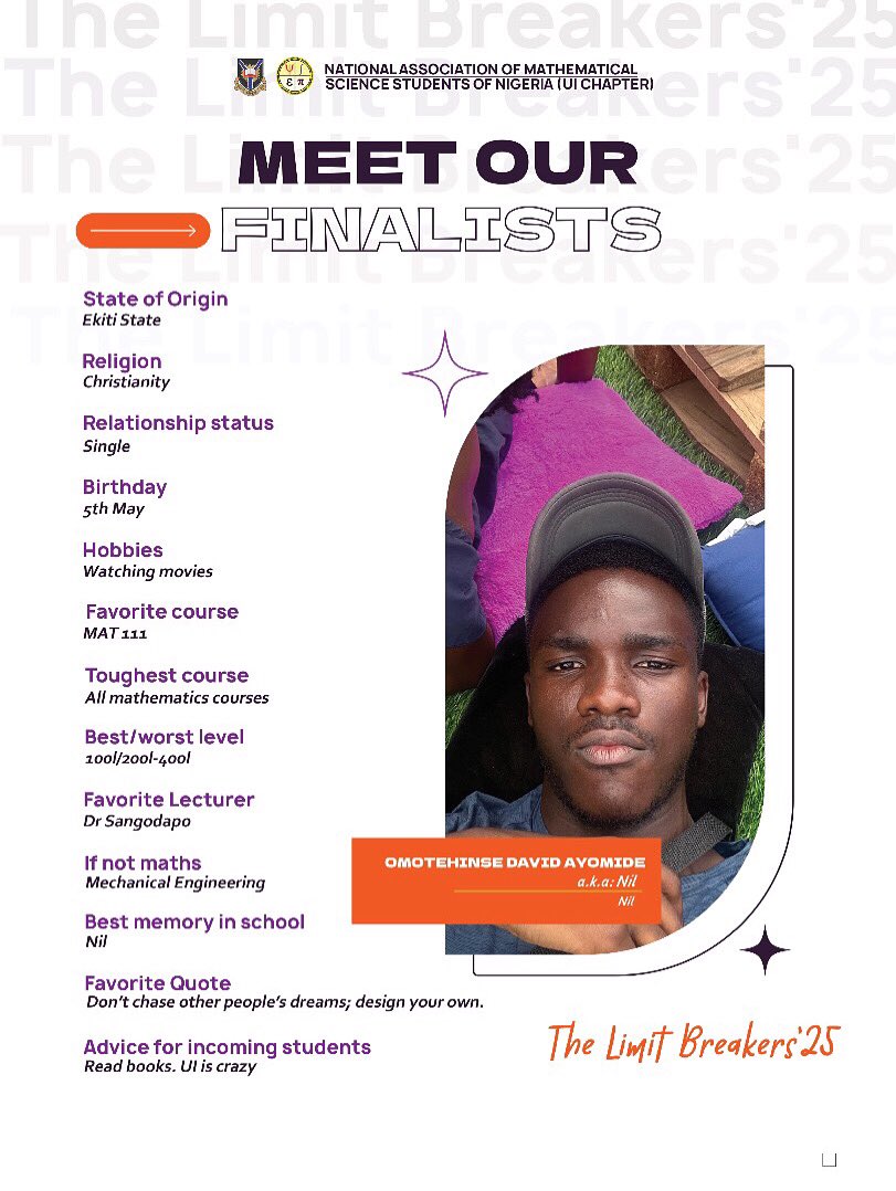 namssn_ui's tweet photo. Some call it stress. He calls it “UI experience.”
Meet Omotehinse David Ayomide, cool-headed, math-minded, and very aware that “UI is crazy.” 📚
#Namssn #limitbreaker #student #finalyearspotlight https://t.co/aEaMrRF9OM