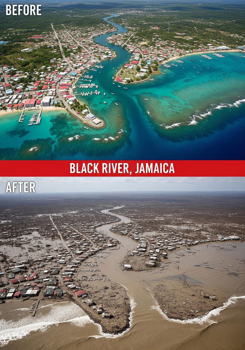 1Nicdar's tweet image. Pray For Jamaica! 🙏🏼😢

From paradise to devastation, Black River, Jamaica, before and after Hurricane Melissa.

An entire town reshaped in just hours by Mother Nature.