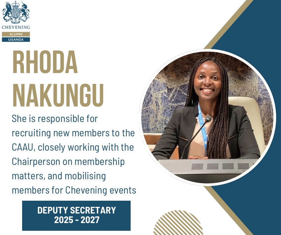 CheveningUganda's tweet image. We are pleased to welcome Rhoda Nakungu as our new Deputy Secretary. 

She is responsible for recruiting new members to our association, closely working with the Chairperson on membership matters, and mobilising members for Chevening events. 

Congratulations, Ms Nakungu.