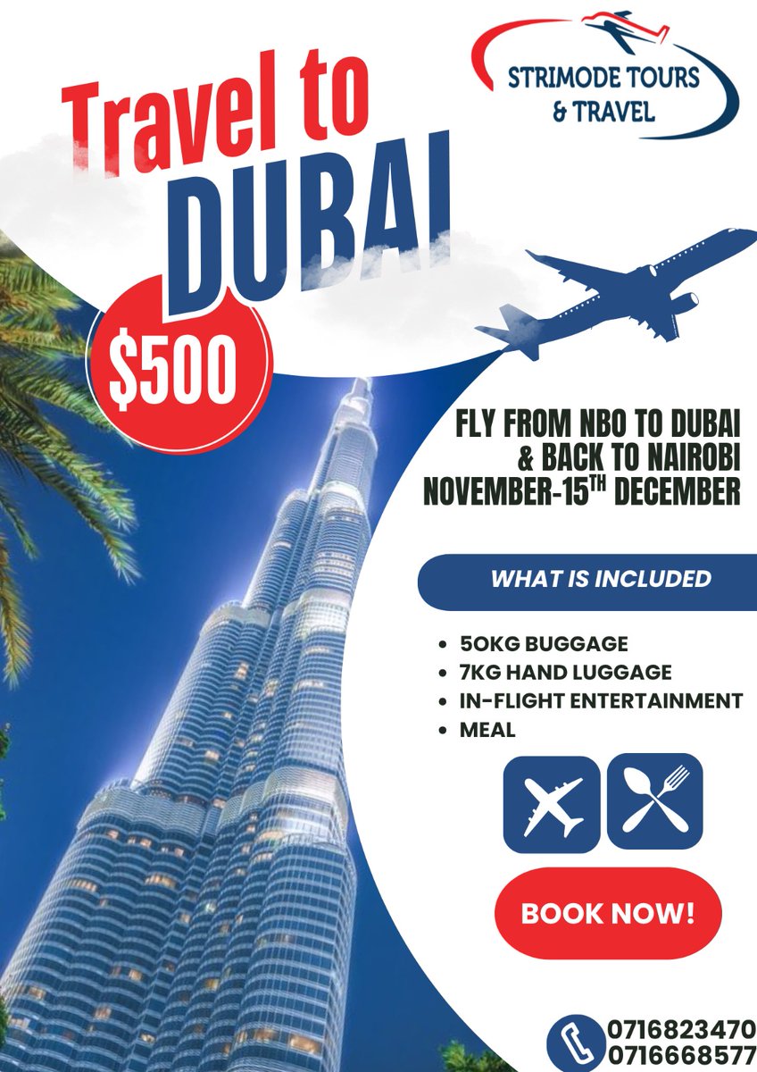 strimodetnt's tweet image. ✈️ Fly Nairobi → Dubai → Nairobi at an unbeatable offer!
Travel between November and 15th December and enjoy comfort, value, and style all the way.
What’s included:
🧳 50kg check-in baggage
🎒 7kg hand luggage
🍽️ In-flight meal
🎬 Onboard entertainment

All this at ONLY USD…
