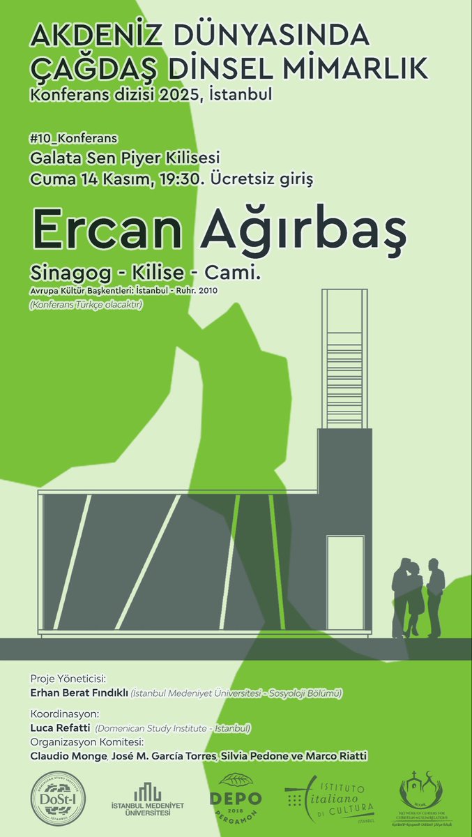 Bölümümüz öğr. üyesi Doç. Dr. Erhan Berat Fındıklı’nın yürütücüsü olduğu "Akdeniz Dünyasında Çağdaş Dinsel Mimarlık" projesi 10.konferansı, 2010 Avrupa Kültür Başkentleri kapsamında mescit ve sinagog tasarlayan Ercan Ağırbaş’ın sunumuyla 14 Kasım’da Galata Sen Piyer Kilisesi'nde!
