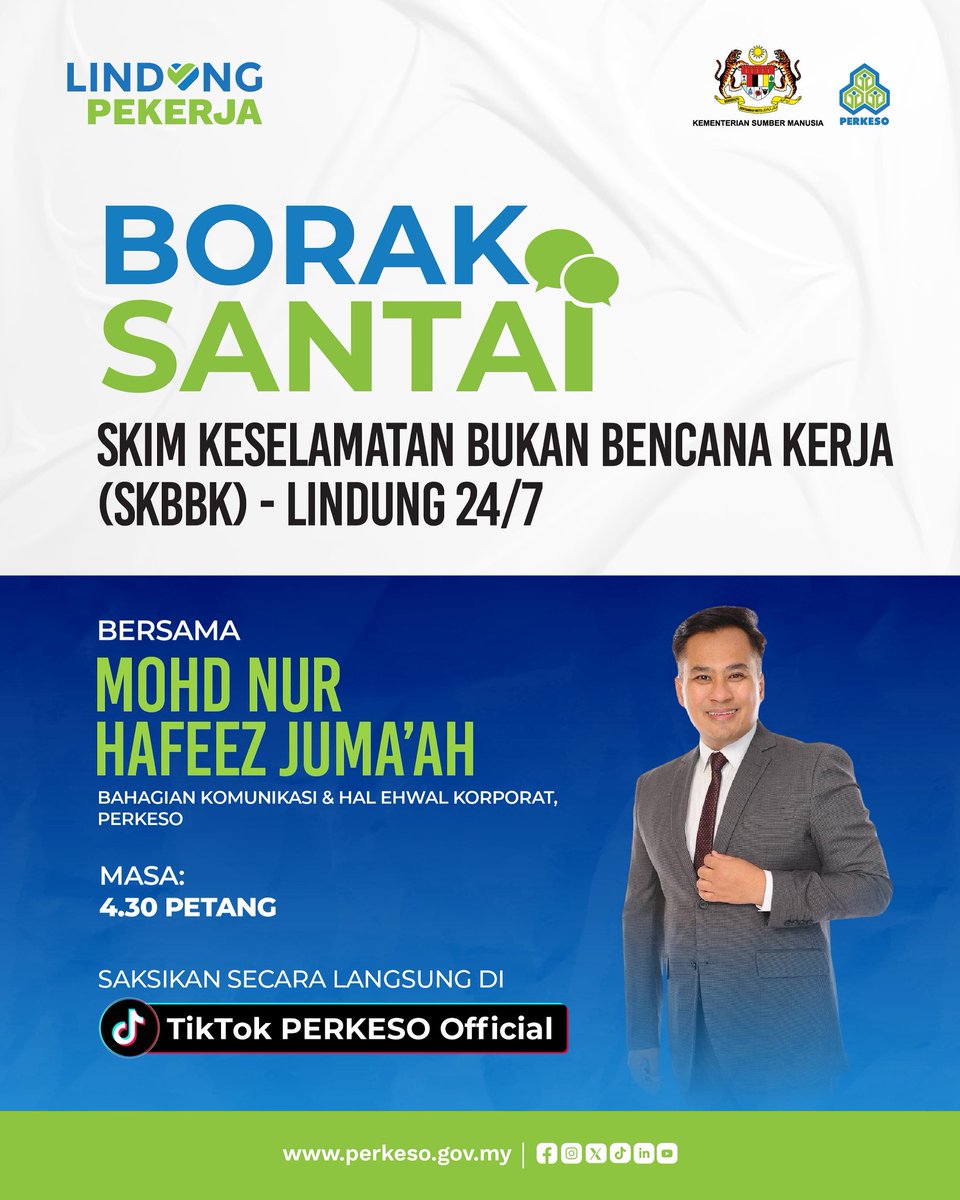 💬 BORAK SANTAI: SKIM KESELAMATAN BUKAN BENCANA KERJA (SKBBK) - LINDUNG 24/7

Mesti anda semua tertanya-tanya apa tu perlindungan 24jam yang di hebahkan oleh PERKESO? Tunggu apa lagi!

Jom sertai sesi santai bersama Mohd Nur Hafeez Juma’ah dari Bahagian Komunikasi &amp; Hal Ehwal