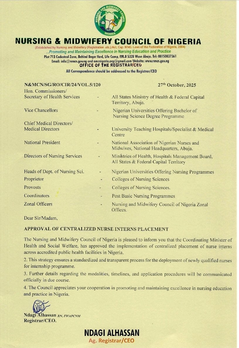 Approval of Centralized Nurse Interns Placement