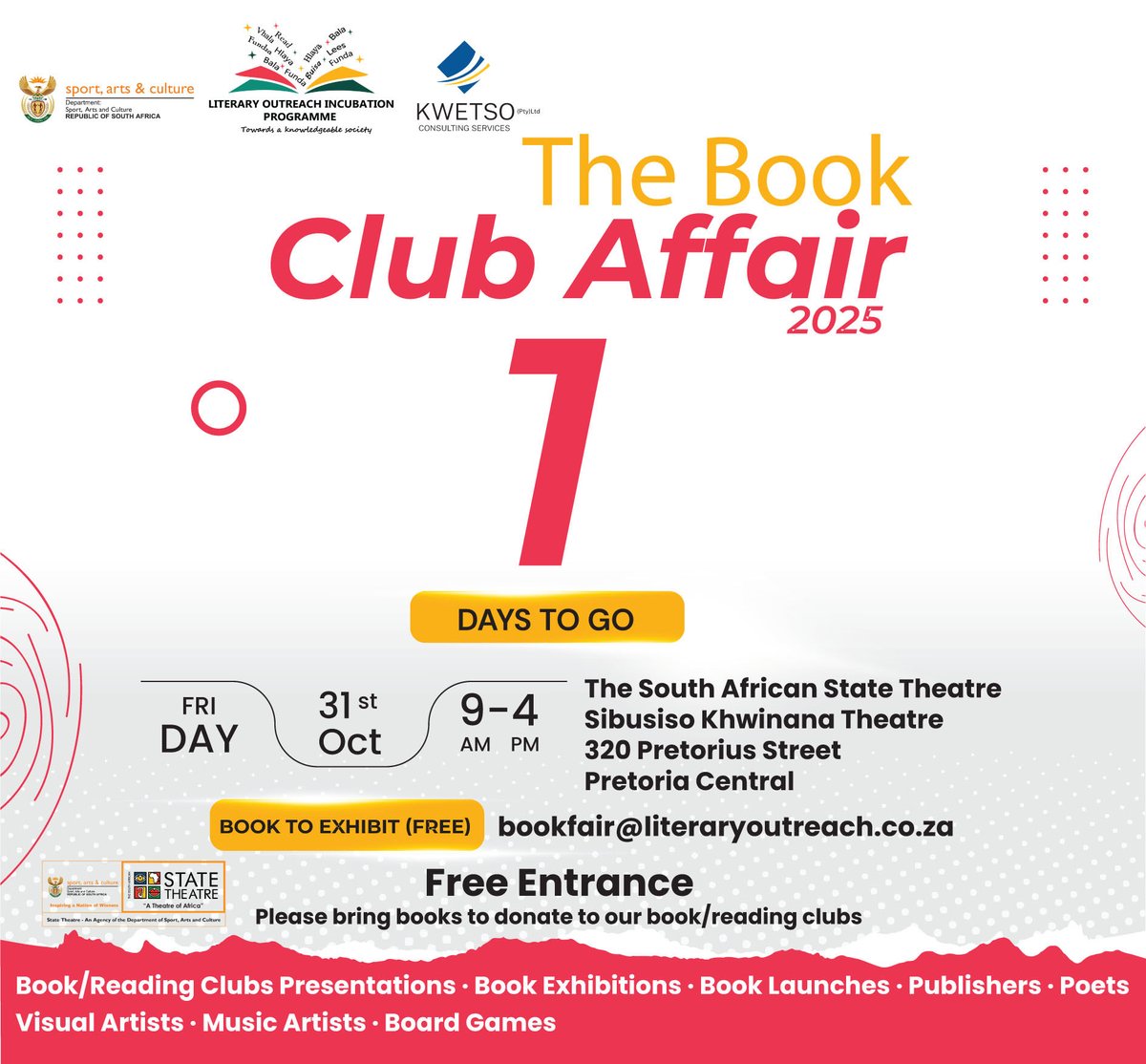 LiteraryOIP's tweet photo. It’s almost time! ⏰

Tomorrow we celebrate books, authors, and the amazing book clubs that bring readers together. See you at The Book Club Affair 2025: where every story finds a home.

📍 South African State Theatre | ⏰ 9AM–4PM | Free Entry

#LOIP #Bookclubs #BookClubAffair https://t.co/gSTQHOy5IQ