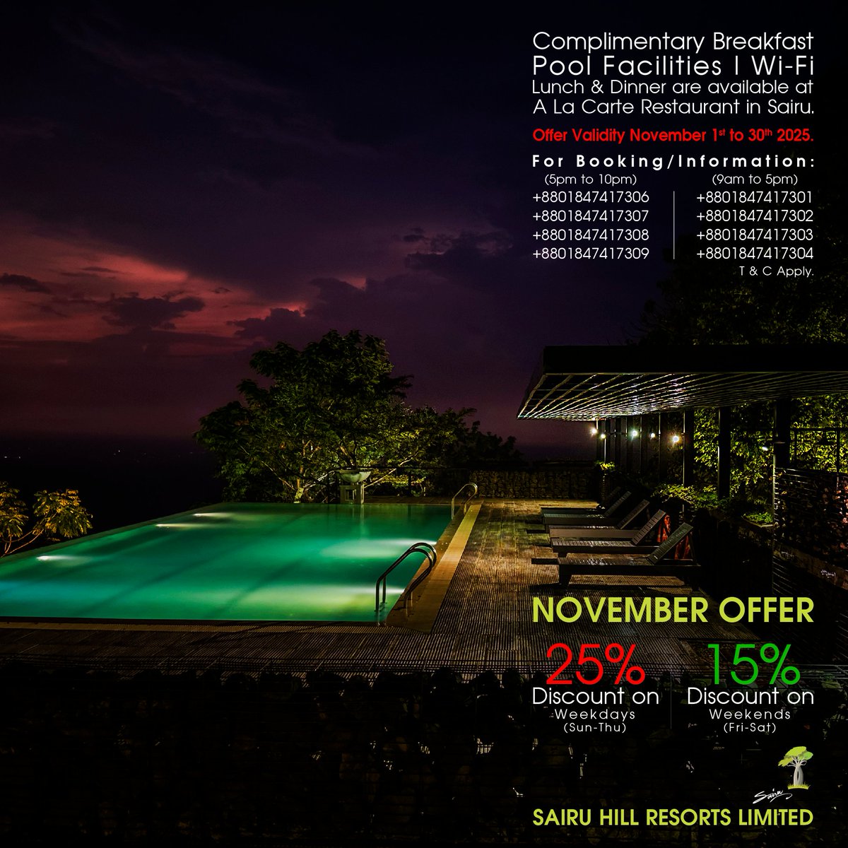 sairuresort's tweet photo. November Offer 2025
Weekends 15% discount.
Weekdays 25% discount.
Offer Validity: 1st to 30th November 2025.
Complimentary Breakfast, Swimming Pool (1hour/day), Jacuzzi &amp; Wi-Fi
Lunch and Dinner are available at A La Carte Restaurant in Sairu.
*Terms and Conditions Apply. https://t.co/EYceT6cJbq