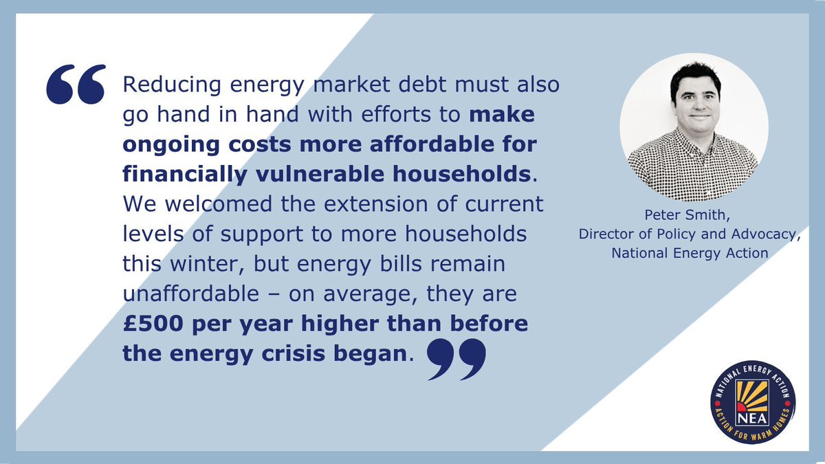 NEA_UKCharity's tweet image. We respond to Ofgem’s announcement of a ‘help to repay’ debt relief scheme. Our Director of Policy and Advocacy Peter Smith says it ‘must also go hand in hand with efforts to make ongoing costs more affordable’.