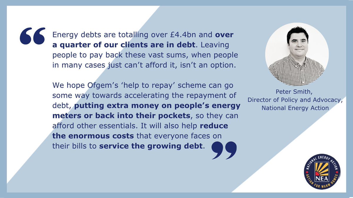 NEA_UKCharity's tweet image. We respond to Ofgem’s announcement of a ‘help to repay’ debt relief scheme. Our Director of Policy and Advocacy Peter Smith says it ‘must also go hand in hand with efforts to make ongoing costs more affordable’.