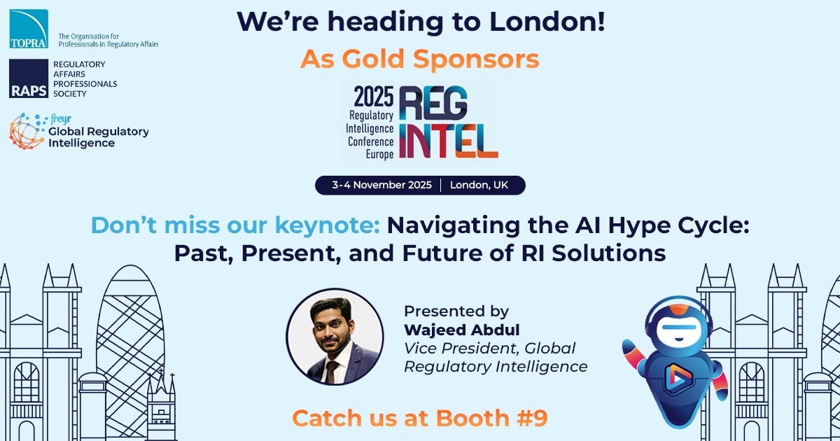 freyafusion's tweet image. We’re excited to join global regulatory leaders in London as Gold Sponsors at the #RegulatoryIntelligence Conference Europe, hosted by #RAPS and #TOPRA.

Stop by Booth #9 to meet the Freyr GRI team and experience the power of freya.intelligence!

#RICE2025 #freyafusion #freyr