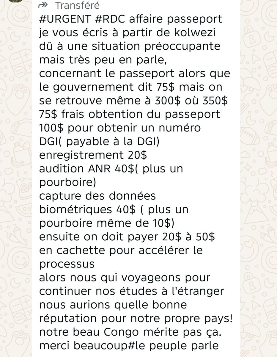 Le régime de TSHILOMBO continue son escroquerie.
Lisez ce message d'un Jeune étudiant sur l'affaire passeport.