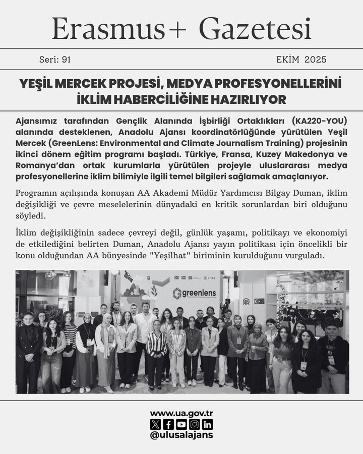 Newspaper cover titled Erasmus+ Gazetesi with text about Yesil Mercek project providing climate journalism training to media professionals coordinated by Anadolu Ajansi. Includes details on project phases, participants from various regions like Alanya, Ankara, Istanbul. Bottom section shows group photo of diverse professionals in formal attire standing together outdoors with Turkish flag and logos of ulusalajans and gob.tr visible.