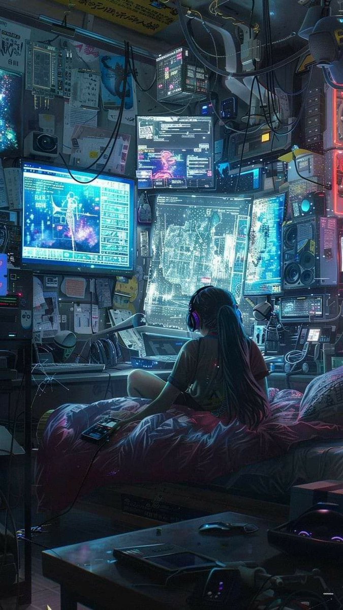 neonlights600's tweet image. The digital dreamscape: a futuristic bedroom where technology and creativity blend seamlessly. #CyberPunkAesthetic #TechEnthusiast #digital_art #cyberpunk