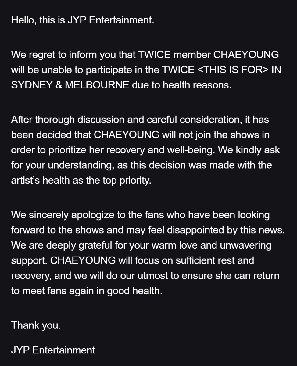 godmitzu's tweet photo. Chaeyoung will be unable to participate in 'THIS IS FOR' IN SYDNEY &amp; MELBOURNE concerts due to health reasons. Get well soon 🥺❤ https://t.co/8LrjWIeI64