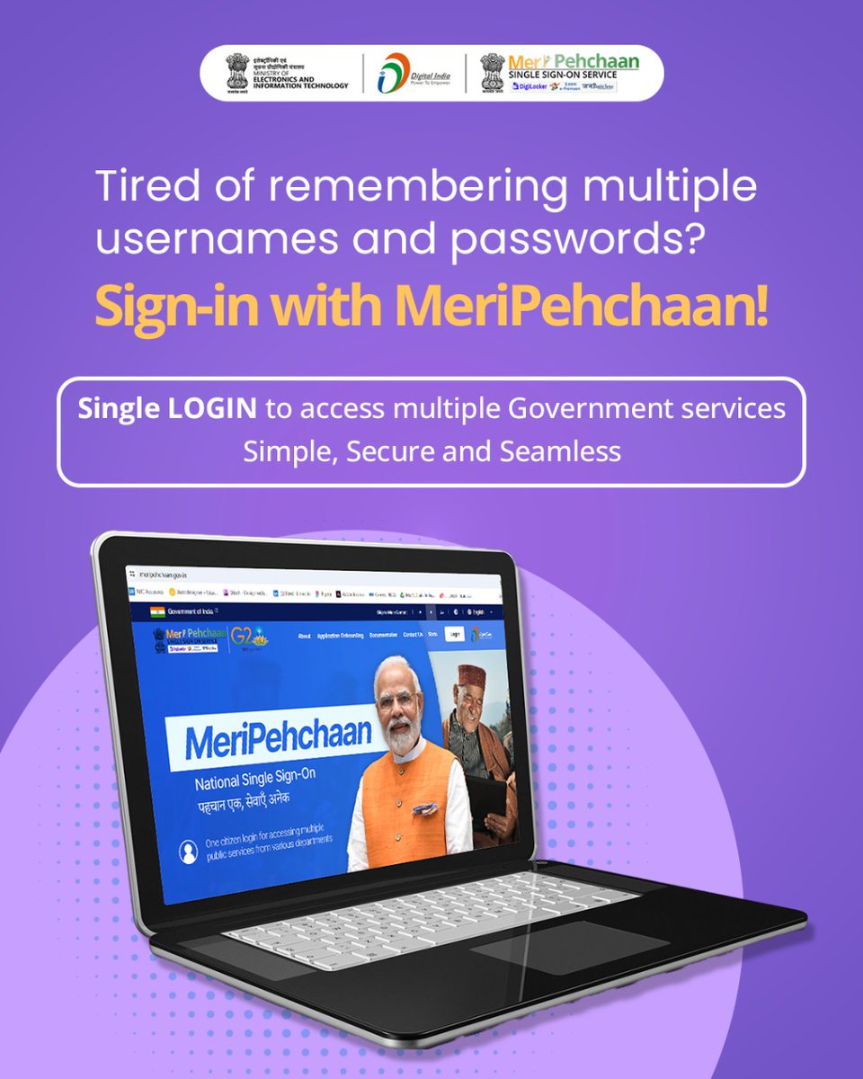 _DigitalIndia's tweet image. The ONLY login you need for Government Services. 
Meri Pehchaan is the National Single Sign-On.

✅ One set of credentials. 
✅ Access to multiple portals. 
✅ Zero hassle.

Simplify your digital life now!
🔗 Get Started: meripehchaan.gov.in

#OneLogin #EGovernance