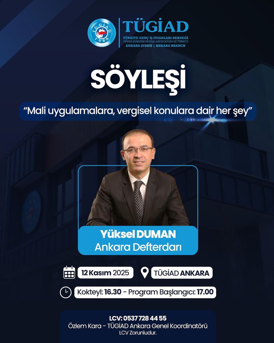 Ankara iş dünyasının önemli isimlerini bir araya getiren etkinliklerimize bir yenisini ekliyoruz. 12 Kasım Çarşamba günü Ankara Defterdarı (<a href="/ankaradefterdar/">Ankara Defterdarlığı</a>) Yüksel Duman’ı (<a href="/yukselduman/">Yüksel DUMAN</a>) derneğimizde konuk edeceğiz.

📑Kamu maliyesi, vergi uygulamaları ve ekonomik gelişmelere