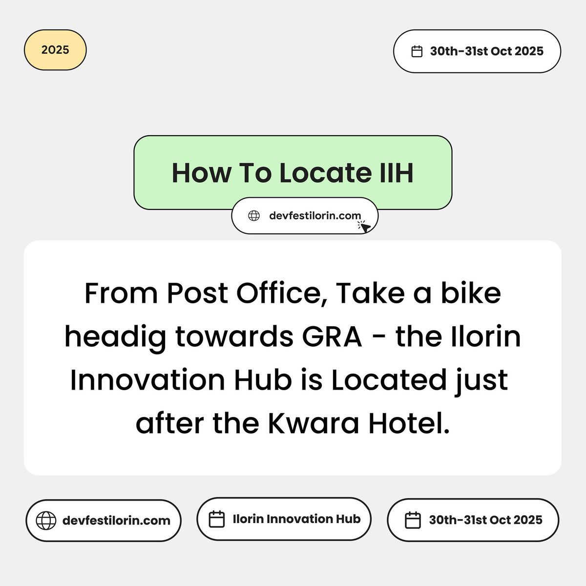 gdgIlorin's tweet image. IT&apos;S D-DAY! 
DEV FEST ILORIN STARTS TODAY! 🚀

Head to the Ilorin Innovation Hub for Day 1 Workshops.

Directions: Take a bike from Post Office towards GRA; the venue is right after Kwara Hotel.

See you there!

 #DevFestIlorin
