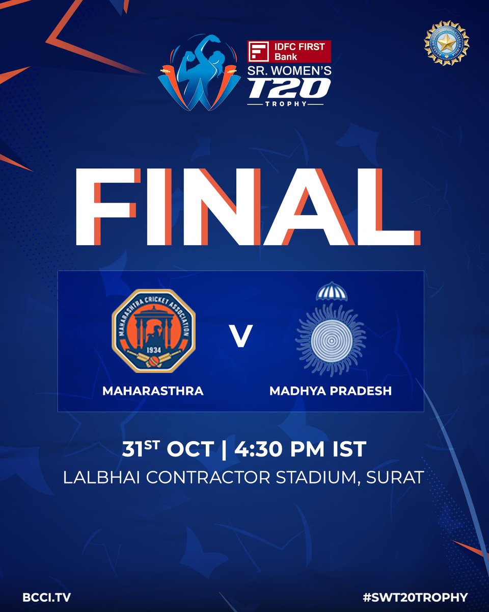 BCCIdomestic's tweet photo. ๐๐ก๐ ๐
๐ข๐ง๐๐ฅ ๐ฅ
Maharashtra all set to take on Madhya Pradesh for the summit clash ๐ค๐ค
Who are you backing to lift the #SWT20Trophy? ๐ค
@IDFCFIRSTBank | #SWT20 https://t.co/I0IBiAetak