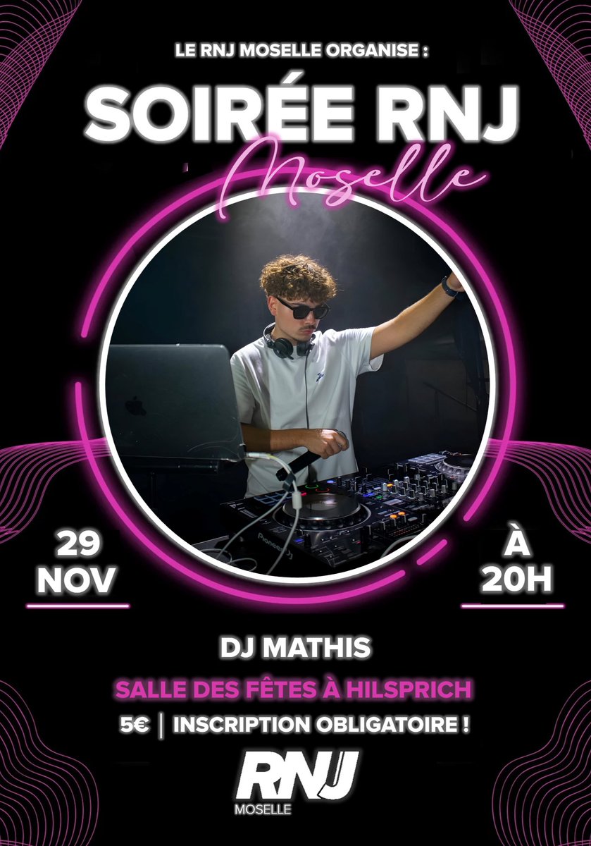 🎉 LE RNJ MOSELLE ORGANISE UNE GRANDE SOIRÉE ! 🇫🇷

Le samedi 29 novembre à partir de 20h à Hilsprich ! 

En présence des députés :
👉 Alexandre Loubet
👉 Théo Bernhardt
👉 Maxime Amblard

Nombre de places limité, alors réservez vite vos places ! 👇
my.weezevent.com/soiree-rnj-sam…

#RNJ