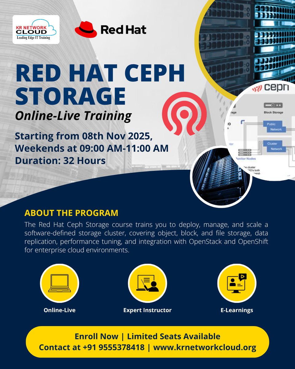 KRNetworkCloud1's tweet image. 🚀 MASTER SOFTWARE-DEFINED STORAGE WITH RED HAT CEPH STORAGE
Certification-Based | Practical Online-Live Training | Guided by Expert Instructor

📩 Enquiry Form:
👉 forms.gle/akCh4oYpD9u7Db…
📞 For More Details: +91 9555378418

#RedHat #CephStorage #SoftwareDefinedStorage #RHCS