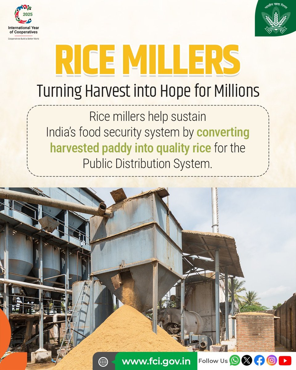 FCI_India's tweet image. Behind the smile of every beneficiary served through #PDS lies the tireless effort of countless hands - from farmers to employees, labours and millers. #Ricemillers are an indispensable link in India’s food security chain, turning harvested #paddy into nourishment for millions.